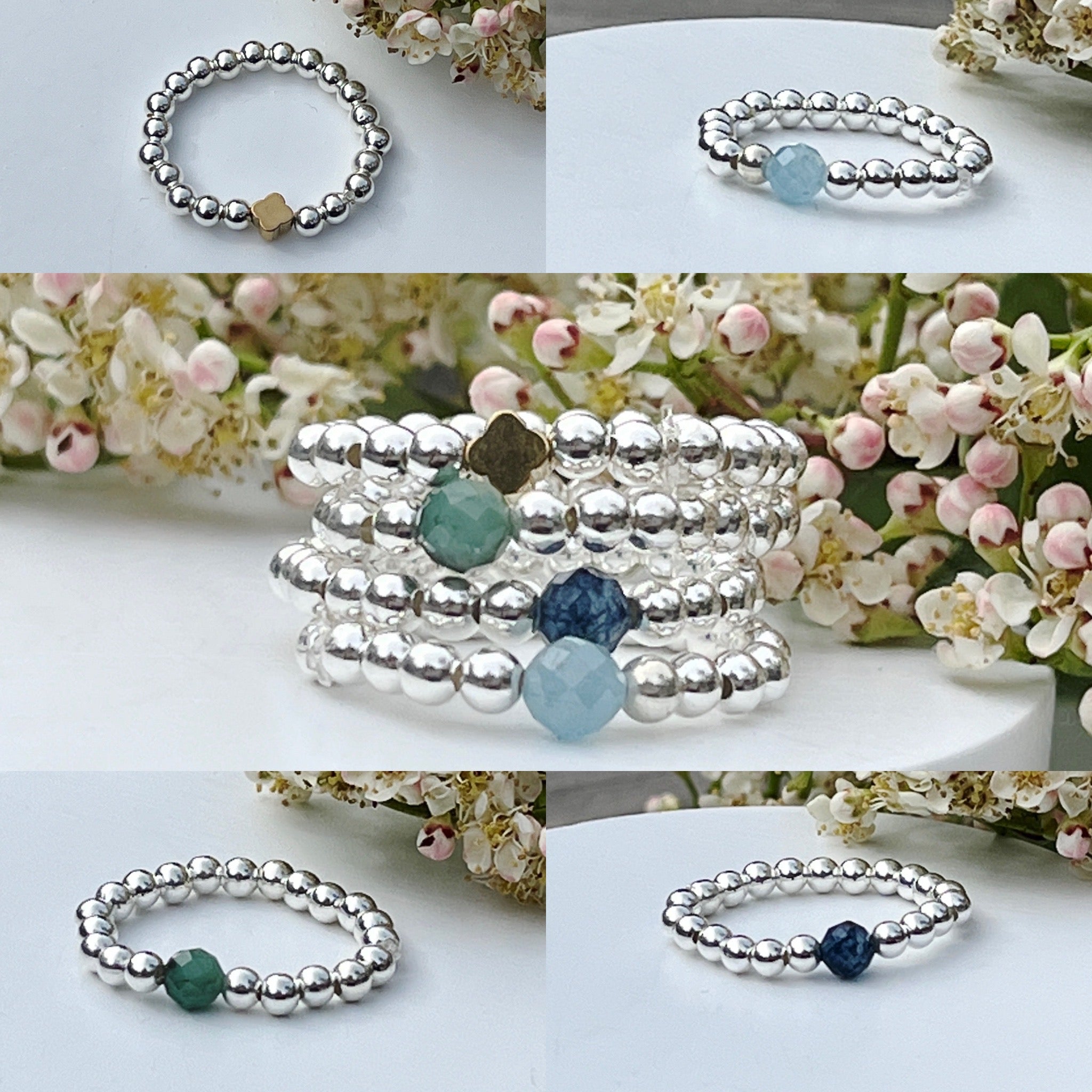 sterling silver gemstone stacking ring display