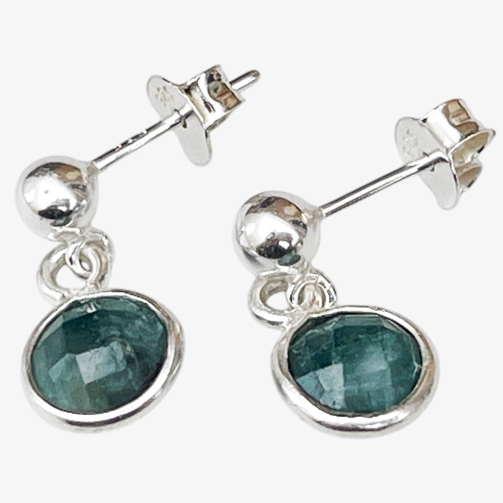sterling silver emerald stud drop earrings with butterfly backs, May birthstone