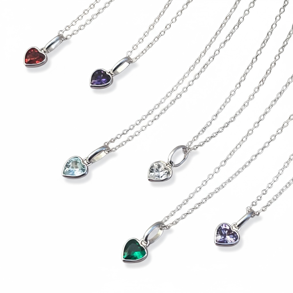 Sterling Silver Birthstone Necklace With Heart Charm