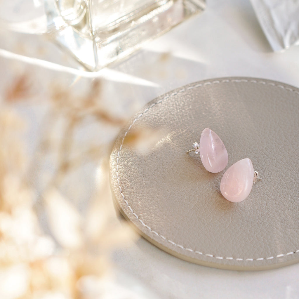 Rose Quartz Raindrop Stud Earrings flatlay