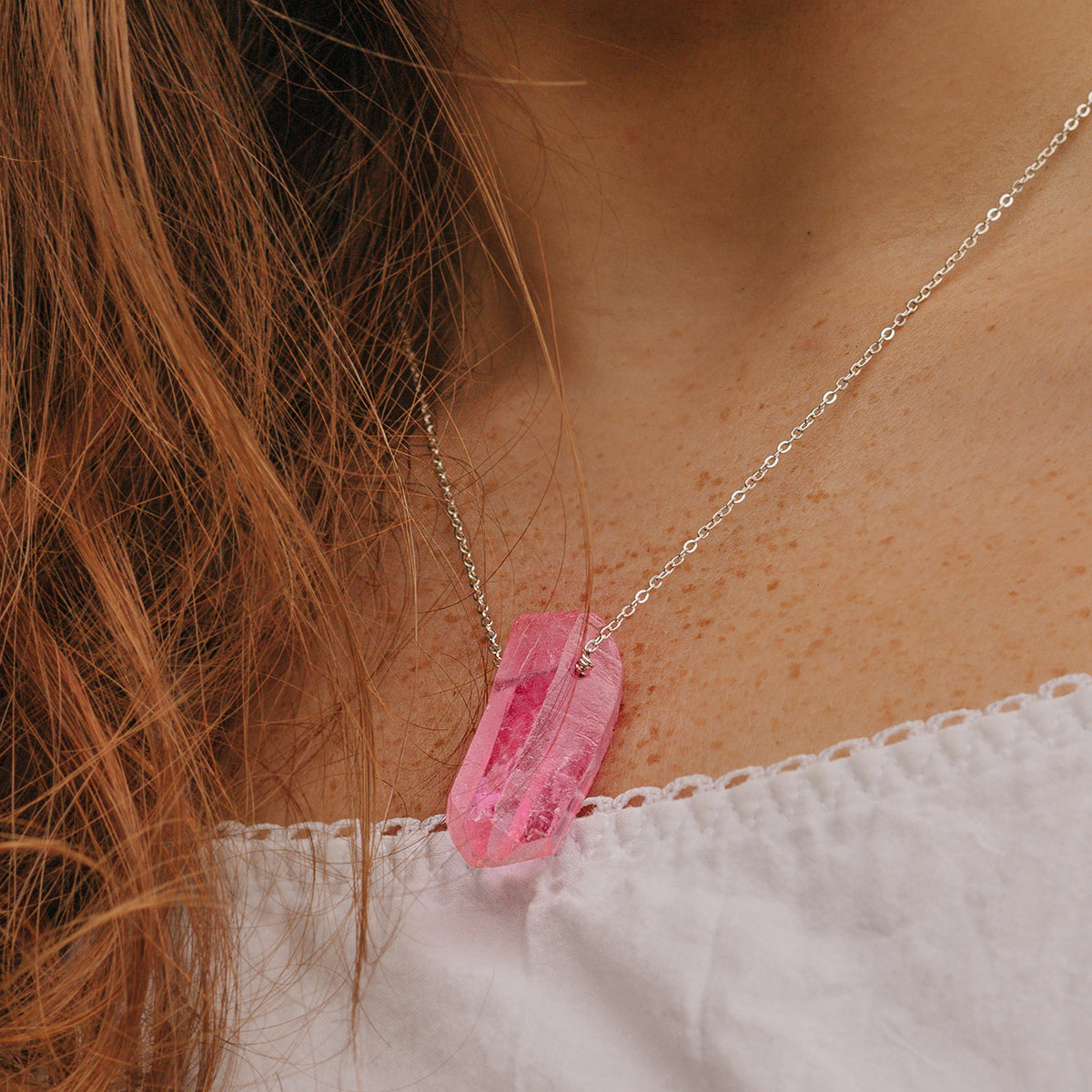 Pink Agate Bar Necklace close up