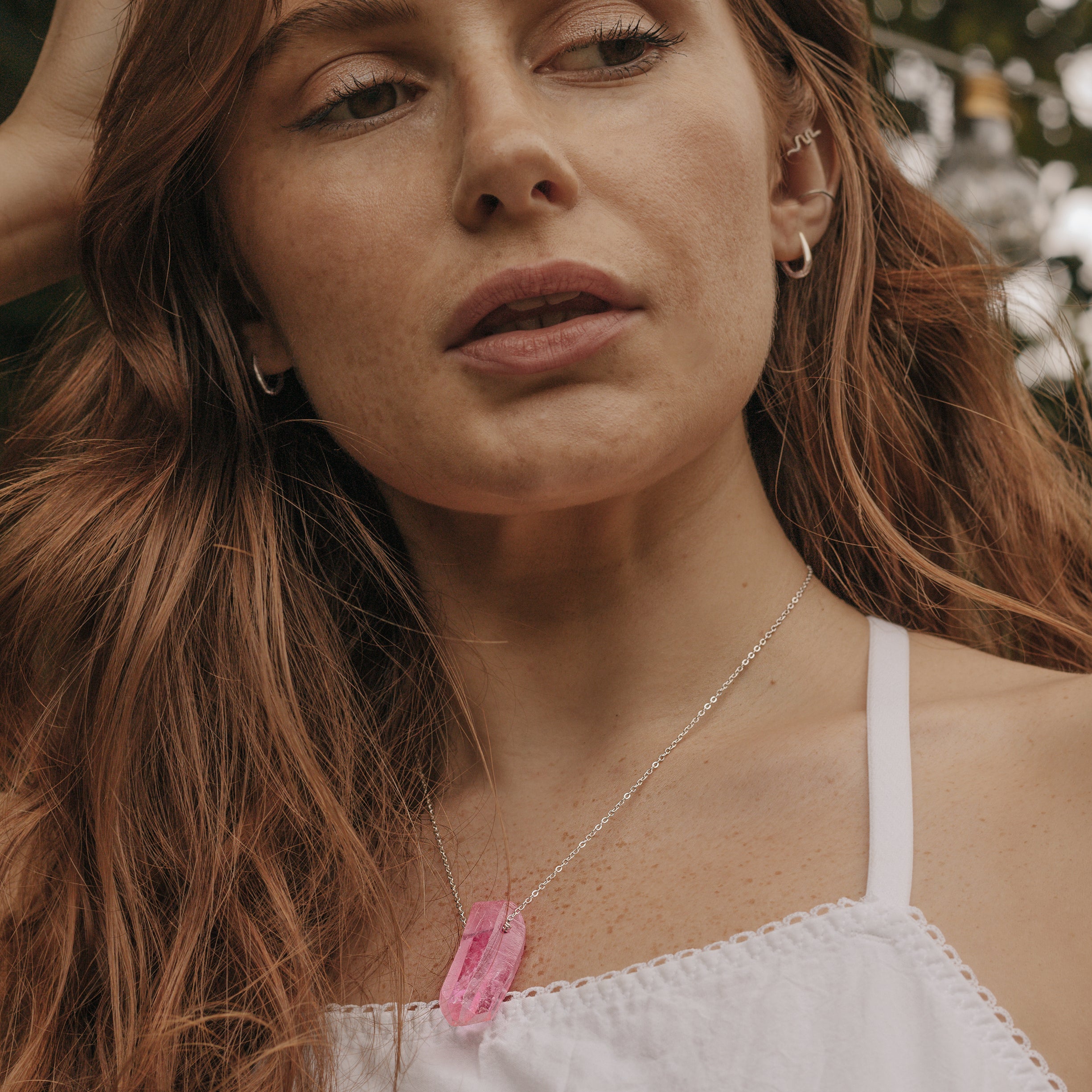Pink Agate Bar Necklace worn